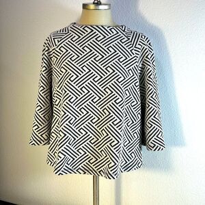 W5 Sweater Blouse Boxy Fit Back 1/4 Zip Long Wide Sleeve Geometric Pattern L